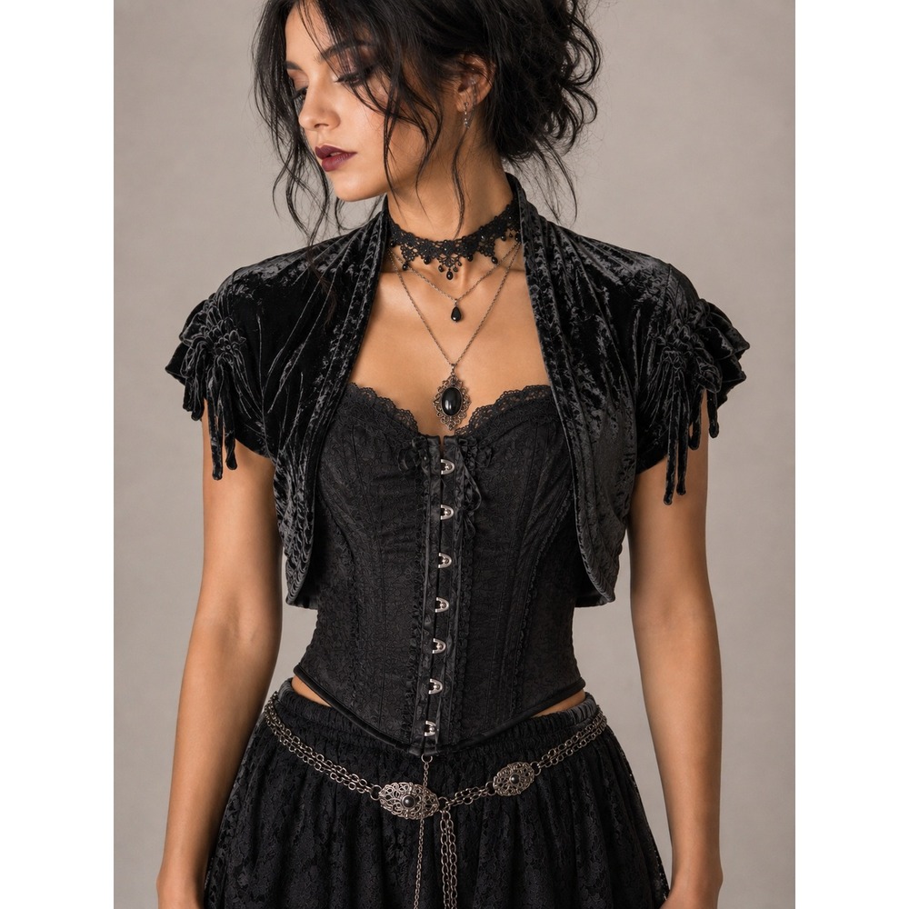 Y2K Black Crushed Velvet Bolero Shrug L 11/13 Goth Victorian Steampunk Shrug
